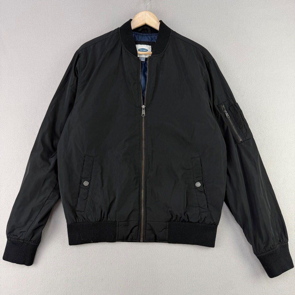 Old Navy Bomber Jacket Mens M Black Classic Zip Up Utility Pocket Padded